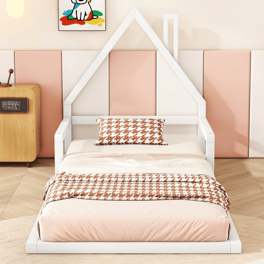 Cama infantil 90x200 cm - Cama plana em forma de casa, madeira maciça de pinho, design simples - Branco