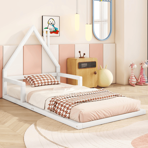 Cama infantil 90x200 cm - Cama plana em forma de casa, madeira maciça de pinho, design simples - Branco