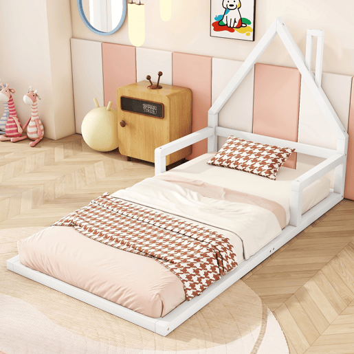 Cama infantil 90x200 cm - Cama plana em forma de casa, madeira maciça de pinho, design simples - Branco