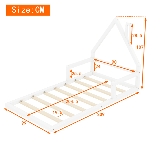 Cama infantil 90x200 cm - Cama plana em forma de casa, madeira maciça de pinho, design simples - Branco