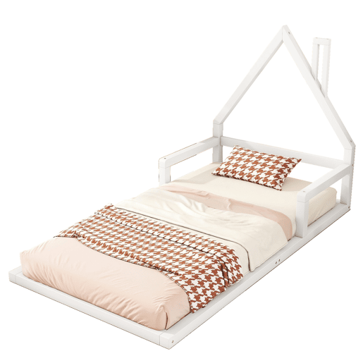 Cama infantil 90x200 cm - Cama plana em forma de casa, madeira maciça de pinho, design simples - Branco