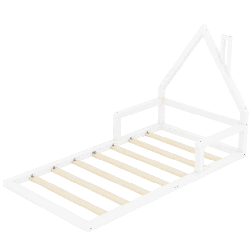 Cama infantil 90x200 cm - Cama plana em forma de casa, madeira maciça de pinho, design simples - Branco