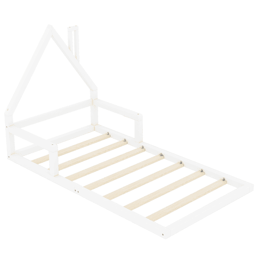 Cama infantil 90x200 cm - Cama plana em forma de casa, madeira maciça de pinho, design simples - Branco