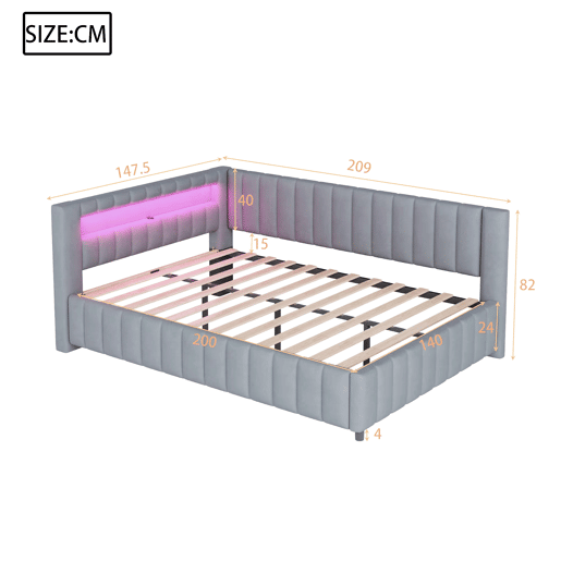Sofá-cama 140x200 - Polsterbett com luz LED, porta USB, encosto e cabeceira - Cinza