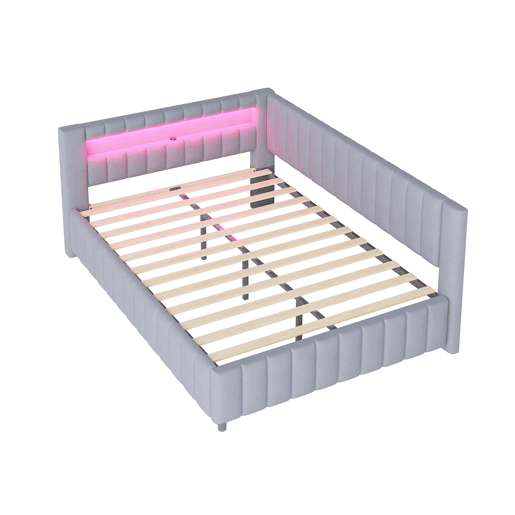 Sofá-cama 140x200 - Polsterbett com luz LED, porta USB, encosto e cabeceira - Cinza