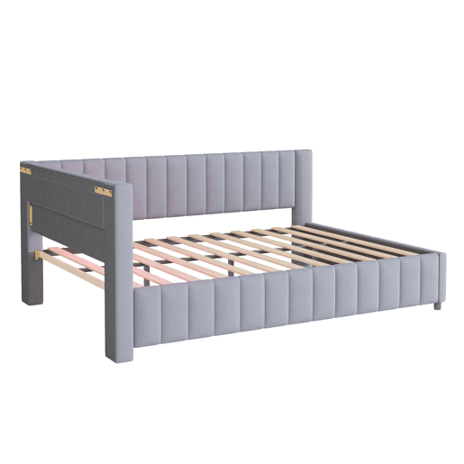 Sofá-cama 140x200 - Polsterbett com luz LED, porta USB, encosto e cabeceira - Cinza
