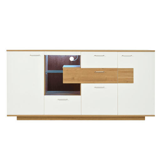 Aparador moderno 160x40x77cm - Com amplo espaço de armazenamento, iluminação LED, 2 portas, 4 gavetas, prateleira de vidro - Natural