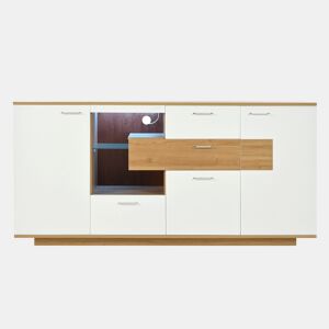 Aparador moderno 160x40x77cm - Com amplo espaço de armazenamento, iluminação LED, 2 portas, 4 gavetas, prateleira de vidro - Natural