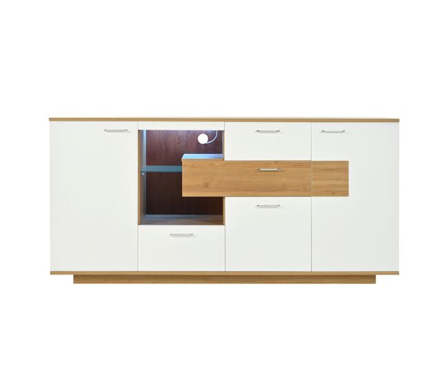 Aparador moderno 160x40x77cm - con almacenamiento amplio, iluminación led, 2 puertas, 4 cajones, estante de vidrio - natural