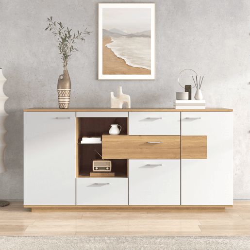 Aparador moderno 160x40x77cm - Com amplo espaço de armazenamento, iluminação LED, 2 portas, 4 gavetas, prateleira de vidro - Natural