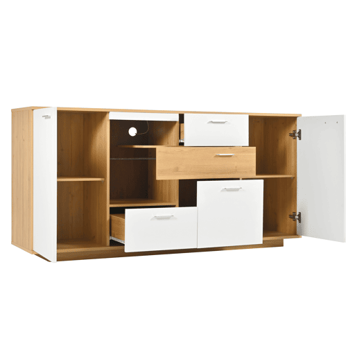Aparador moderno 160x40x77cm - Com amplo espaço de armazenamento, iluminação LED, 2 portas, 4 gavetas, prateleira de vidro - Natural