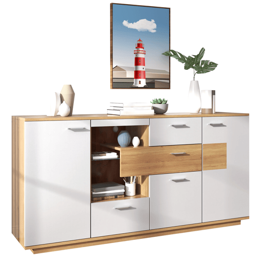 Aparador moderno 160x40x77cm - Com amplo espaço de armazenamento, iluminação LED, 2 portas, 4 gavetas, prateleira de vidro - Natural