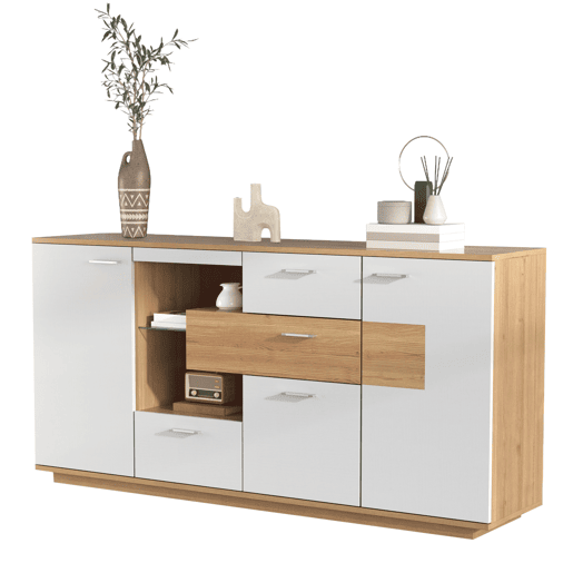 Aparador moderno 160x40x77cm - Com amplo espaço de armazenamento, iluminação LED, 2 portas, 4 gavetas, prateleira de vidro - Natural