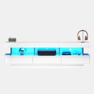 Móvel para TV 160x38x50,5 cm - Com 3 prateleiras de vidro, iluminação LED, controlo por aplicação, ligação Bluetooth, para TV de 70 polegadas - Branco
