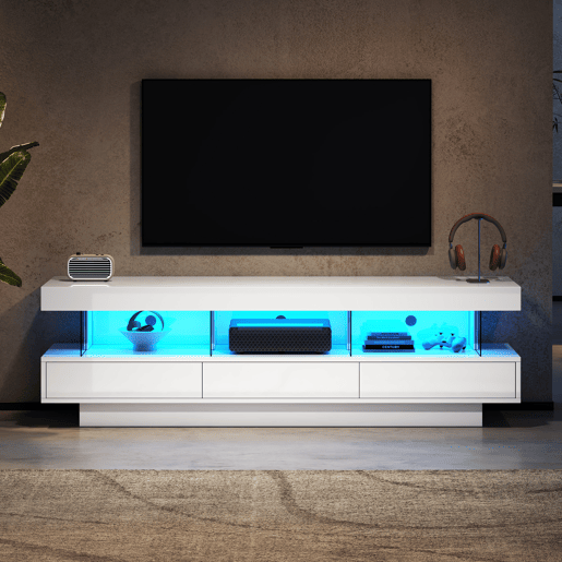 Móvel para TV 160x38x50,5 cm - Com 3 prateleiras de vidro, iluminação LED, controlo por aplicação, ligação Bluetooth, para TV de 70 polegadas - Branco