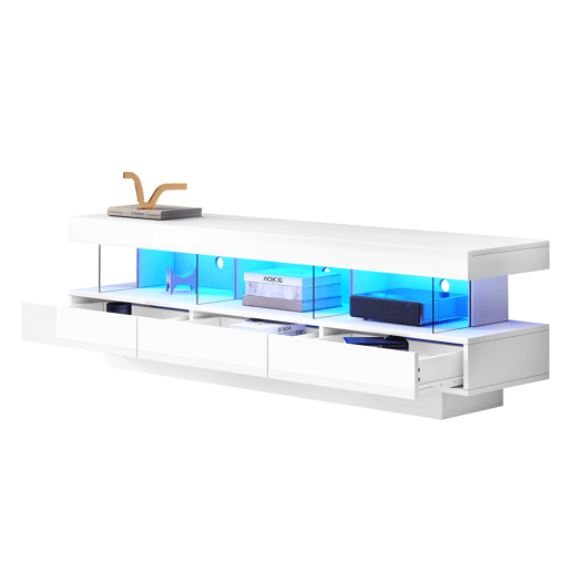 Móvel para TV 160x38x50,5 cm - Com 3 prateleiras de vidro, iluminação LED, controlo por aplicação, ligação Bluetooth, para TV de 70 polegadas - Branco
