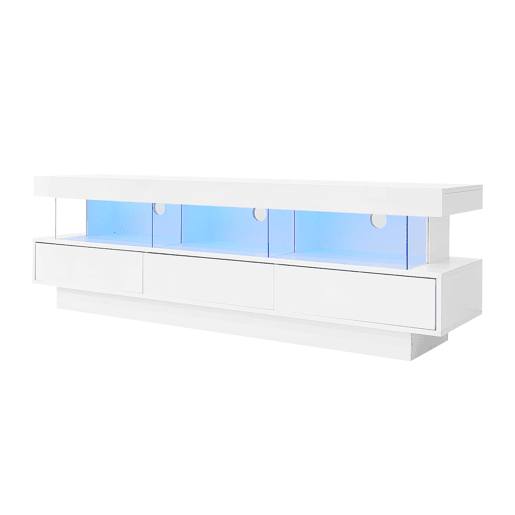 Móvel para TV 160x38x50,5 cm - Com 3 prateleiras de vidro, iluminação LED, controlo por aplicação, ligação Bluetooth, para TV de 70 polegadas - Branco