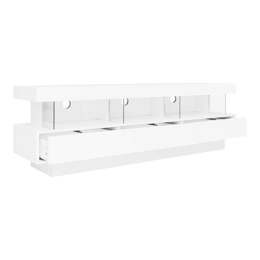 Móvel para TV 160x38x50,5 cm - Com 3 prateleiras de vidro, iluminação LED, controlo por aplicação, ligação Bluetooth, para TV de 70 polegadas - Branco