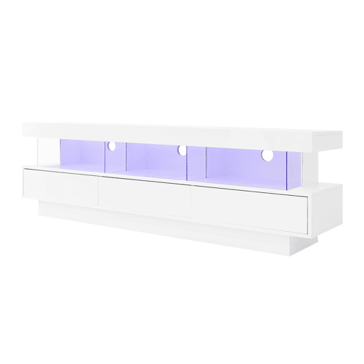 Móvel para TV 160x38x50,5 cm - Com 3 prateleiras de vidro, iluminação LED, controlo por aplicação, ligação Bluetooth, para TV de 70 polegadas - Branco