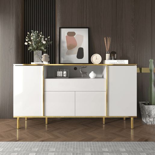 Aparador 150x40x80 cm - Cômoda brilhante com 1 gaveta - Branco