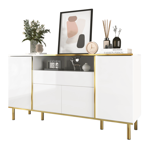 Aparador 150x40x80 cm - Cômoda brilhante com 1 gaveta - Branco