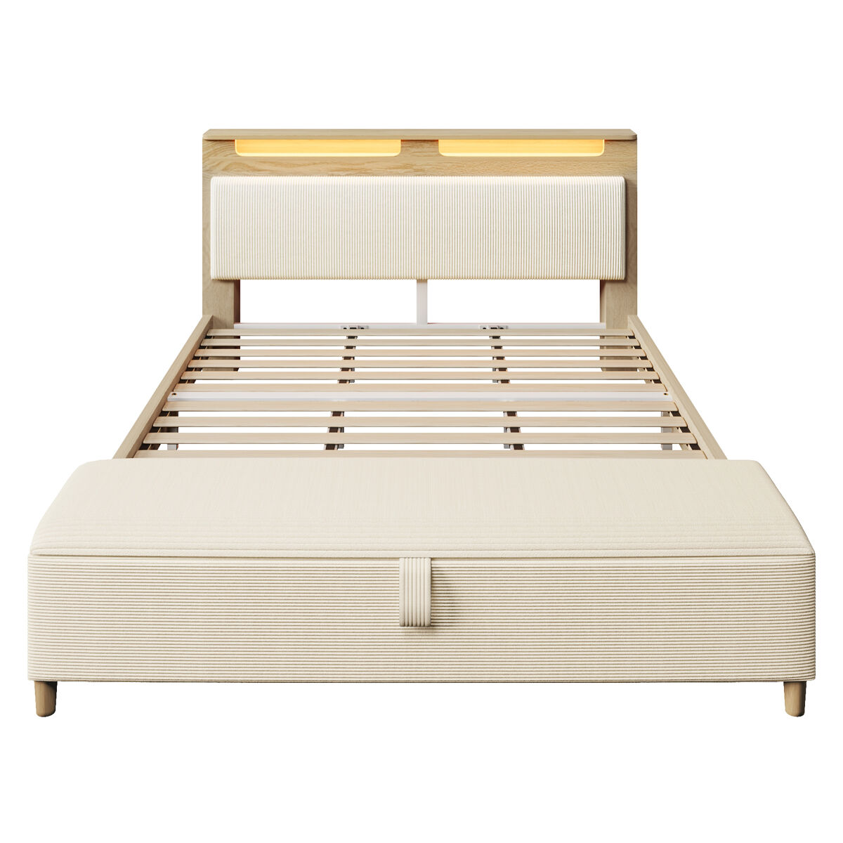Cama doble 180x200 cm - con banco, cabecera con almacenamiento, iluminación led, respaldo de corduroy beige - haya clara