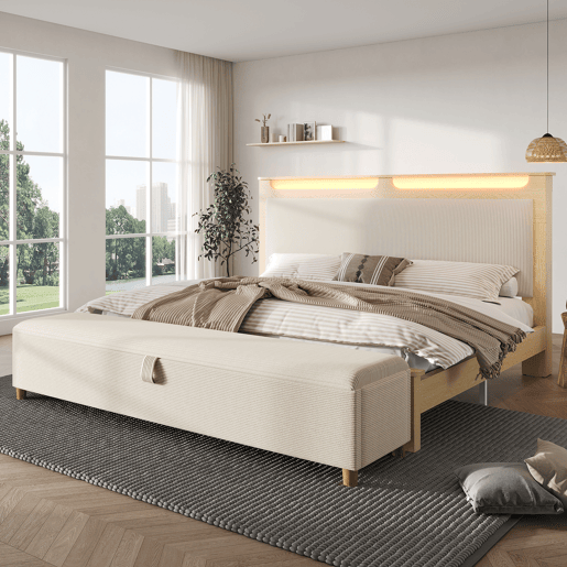 Cama de casal 180x200 cm - com banco, cabeceira com arrumação, iluminação LED, encosto em veludo cotelê bege - Bétula clara