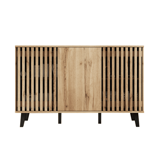 Móvel auxiliar 150x40x95cm - Aparador com 3 portas, 6 compartimentos, ideal para sala, quarto e escritório - Madeira natural
