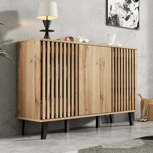 Móvel auxiliar 150x40x95cm - Aparador com 3 portas, 6 compartimentos, ideal para sala, quarto e escritório - Madeira natural