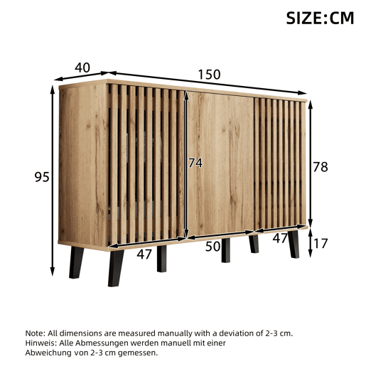 Móvel auxiliar 150x40x95cm - Aparador com 3 portas, 6 compartimentos, ideal para sala, quarto e escritório - Madeira natural