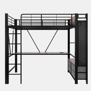 Cama alta 90x200 cm - ferro com secretária, barra de secagem, prateleiras, 4 gavetas, USB+Tipo-C, LED, grade, escada, sem colchão - preto