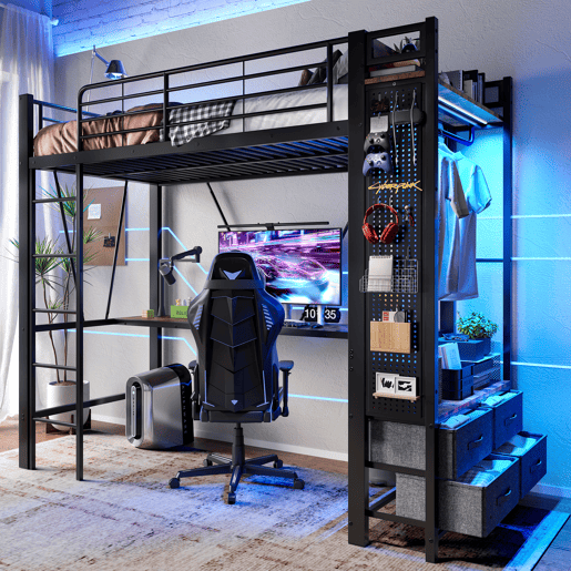 Cama alta 90x200 cm - ferro com secretária, barra de secagem, prateleiras, 4 gavetas, USB+Tipo-C, LED, grade, escada, sem colchão - preto Cama alta 90x200 cm - ferro com secretária, barra de secagem, prateleiras, 4 gavetas, USB+Tipo-C, LED, grade, escada, sem colchão - preto
