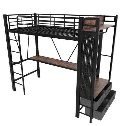 Cama alta 90x200 cm - ferro com secretária, barra de secagem, prateleiras, 4 gavetas, USB+Tipo-C, LED, grade, escada, sem colchão - preto Cama alta 90x200 cm - ferro com secretária, barra de secagem, prateleiras, 4 gavetas, USB+Tipo-C, LED, grade, escada, sem colchão - preto