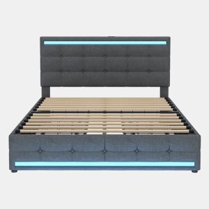 Cama estofada 140x200 cm - Cama com LED, 4 gavetas e 2 portas USB, estrutura com cabeceira e pés LED, plataforma com arrumação - Cinza