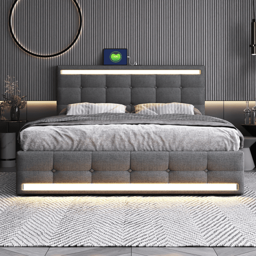 Cama estofada 140x200 cm - Cama com LED, 4 gavetas e 2 portas USB, estrutura com cabeceira e pés LED, plataforma com arrumação - Cinza