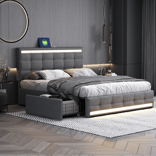 Cama estofada 140x200 cm - Cama com LED, 4 gavetas e 2 portas USB, estrutura com cabeceira e pés LED, plataforma com arrumação - Cinza