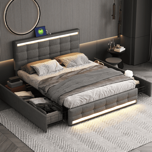 Cama estofada 140x200 cm - Cama com LED, 4 gavetas e 2 portas USB, estrutura com cabeceira e pés LED, plataforma com arrumação - Cinza