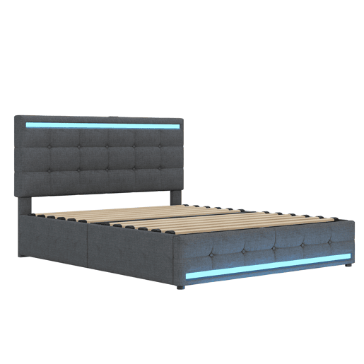 Cama estofada 140x200 cm - Cama com LED, 4 gavetas e 2 portas USB, estrutura com cabeceira e pés LED, plataforma com arrumação - Cinza