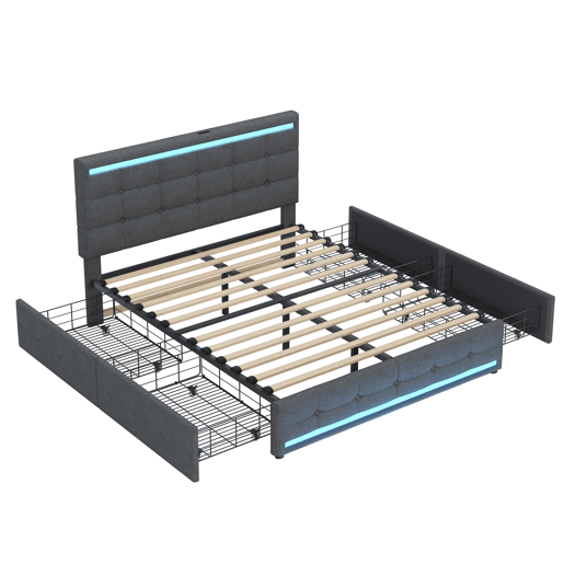 Cama estofada 140x200 cm - Cama com LED, 4 gavetas e 2 portas USB, estrutura com cabeceira e pés LED, plataforma com arrumação - Cinza
