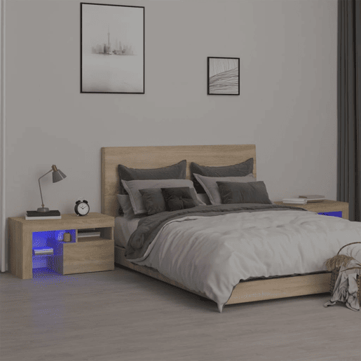 Lote de 2 Mesas De Cabeceira - Mesinhas De Cabeceira c LEDs 70x36,5x40 cm carvalho sonoma