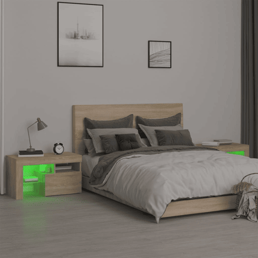 Lote de 2 Mesas De Cabeceira - Mesinhas De Cabeceira c LEDs 70x36,5x40 cm carvalho sonoma