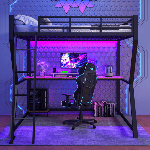 Cama alta 140x200 cm - luzes LED, suporte para consola, secretária, tomada e USB, grade, escada, sem colchão - preto Cama alta 140x200 cm - luzes LED, suporte para consola, secretária, tomada e USB, grade, escada, sem colchão - preto