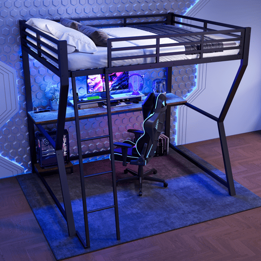Cama alta 140x200 cm - luzes LED, suporte para consola, secretária, tomada e USB, grade, escada, sem colchão - preto Cama alta 140x200 cm - luzes LED, suporte para consola, secretária, tomada e USB, grade, escada, sem colchão - preto