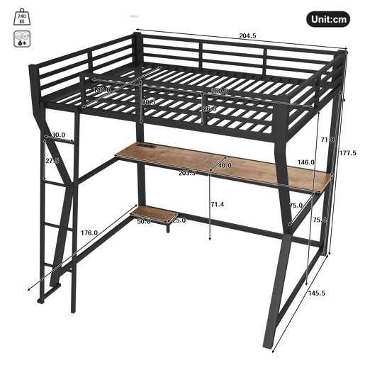 Cama alta 140x200 cm - luzes LED, suporte para consola, secretária, tomada e USB, grade, escada, sem colchão - preto Cama alta 140x200 cm - luzes LED, suporte para consola, secretária, tomada e USB, grade, escada, sem colchão - preto