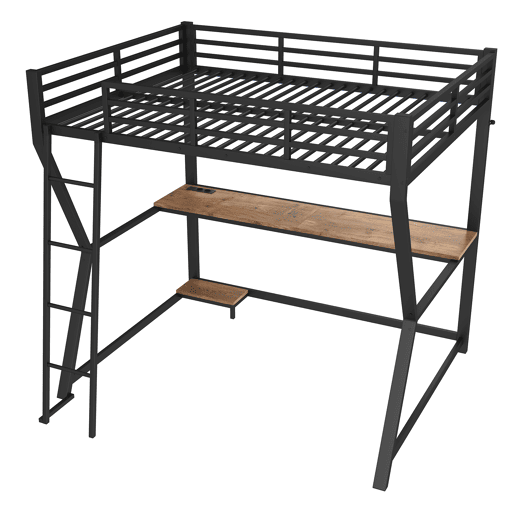 Cama alta 140x200 cm - luzes LED, suporte para consola, secretária, tomada e USB, grade, escada, sem colchão - preto Cama alta 140x200 cm - luzes LED, suporte para consola, secretária, tomada e USB, grade, escada, sem colchão - preto