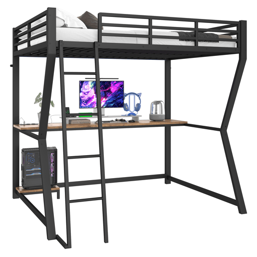 Cama alta 140x200 cm - luzes LED, suporte para consola, secretária, tomada e USB, grade, escada, sem colchão - preto Cama alta 140x200 cm - luzes LED, suporte para consola, secretária, tomada e USB, grade, escada, sem colchão - preto