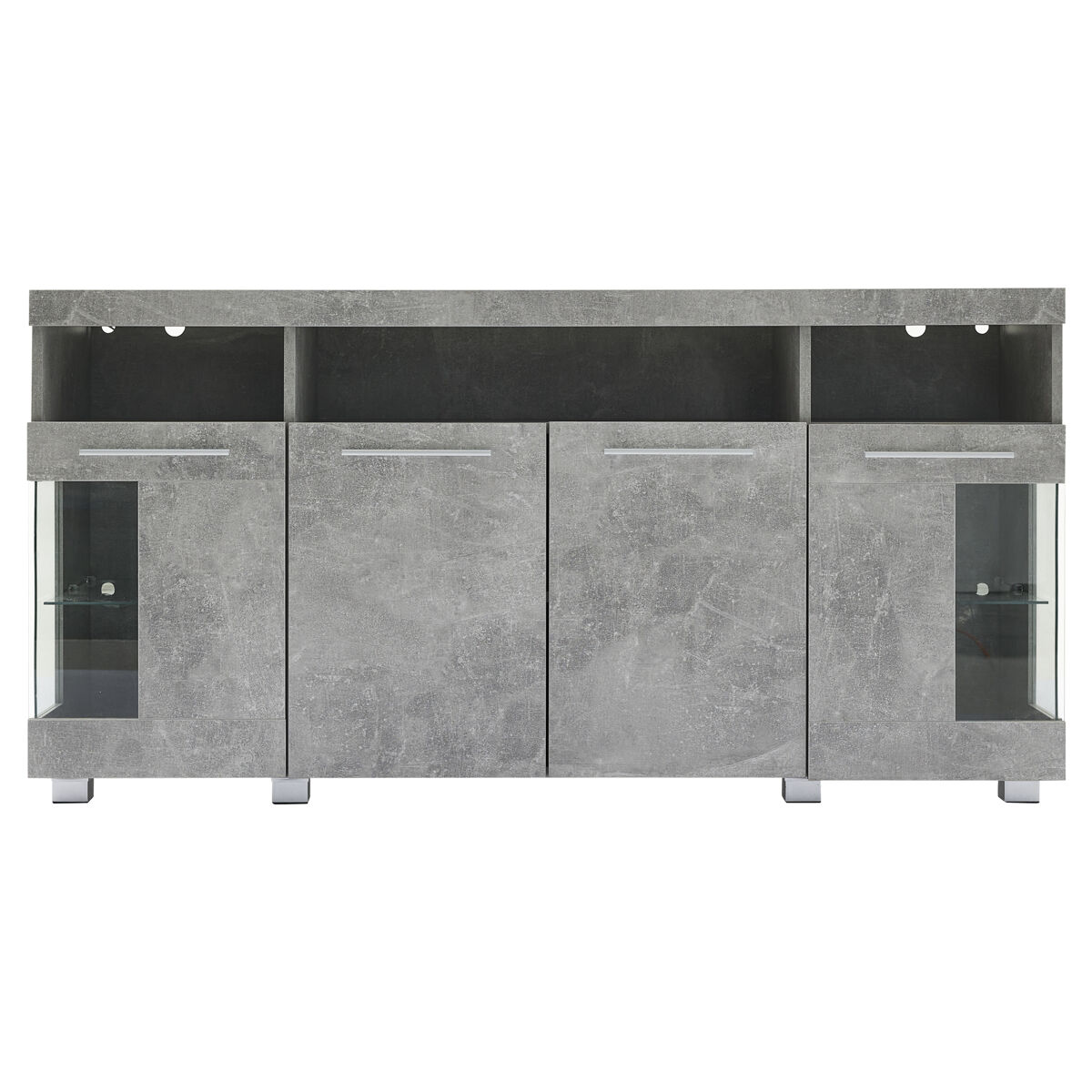 Mesa auxiliar 140x40x70cm - sideboard de alto brillo con luz led, 3 compartimentos, vidrio templado - gris cemento