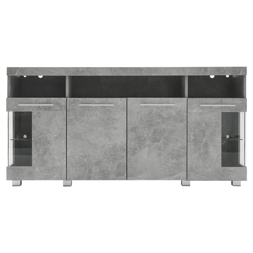 Mesa auxiliar 140x40x70cm - Aparador de alto brilho com luz LED, 3 compartimentos, vidro temperado - Cinza cimento