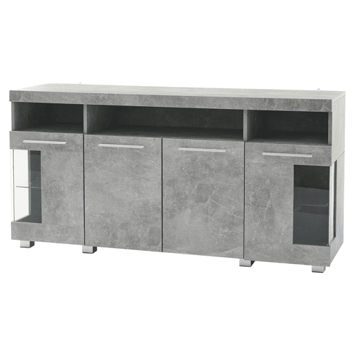 Mesa auxiliar 140x40x70cm - Aparador de alto brilho com luz LED, 3 compartimentos, vidro temperado - Cinza cimento