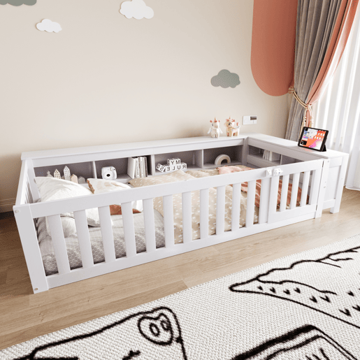 Cama infantil multifuncional 90x200 cm - Com compartimentos de arrumação, grade de segurança e porta, cama de madeira maciça com estrado - Branco